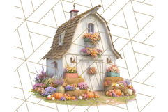 Fall Barn Clipart PNG With Pumpkins and Flowers, Autumn Png Product Image 3