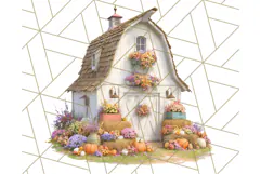 Fall Barn Clipart PNG With Pumpkins and Flowers, Autumn Png Product Image 3