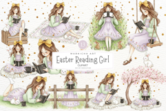Hand-drawn Easter Reading Girl Clipart Product Image 1