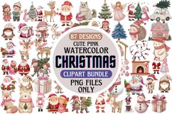 Cute Pink Christmas Watercolor Clipart Bundle PNG Product Image 1