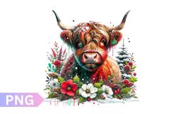 Christmas Floral Cow Sublimation - Clipart PNG Design Product Image 1