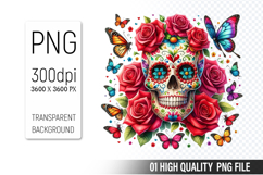 Sugar Skull Clipart PNG, Sublimation Skull Flowers Product Image 1
