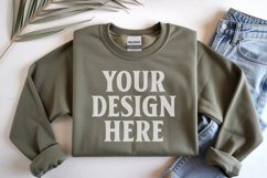 Military Green Gildan 18000 Folded Flat Lay Mockups Product Image 1