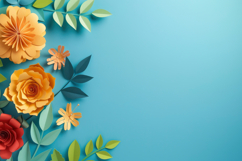 Colorful Paper Flowers on Blue Background Wallpaper Product Image 1