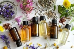 Bottles containing essential oils surrounded by fresh herbs Product Image 1
