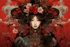 Enigmatic beauty in floral headdress on red Product Image 1