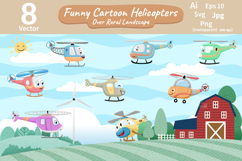 Funny Cartoon Helicopters Vector Set Over Rural Landscape Product Image 1