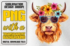Highland Cow Sublimation PNG, Flower Watercolor, Glasses Product Image 1