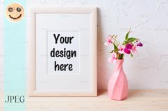 Wooden frame mockup with purple wildflowers in pink vase Product Image 1