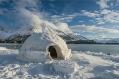 Traditional igloo standing on snow covered landscape with mo Product Image 1