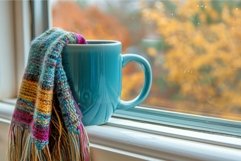 Blue mug wrapped in colorful scarf sitting on window ledge d Product Image 1