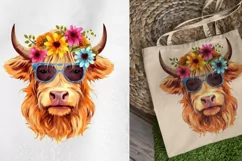 Highland Cow Sublimation PNG, Flower Watercolor, Glasses Product Image 2