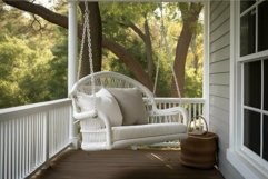 Serene porch swing in lush garden setting Product Image 1