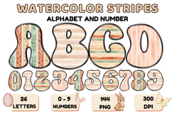 Watercolor Stripes Doodle Alphabet PNG Retro Letters 300 DPI Product Image 1