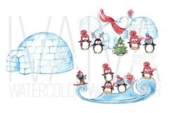 Winter Christmas Clipart, Watercolor Penguins Winter Joy Product Image 3