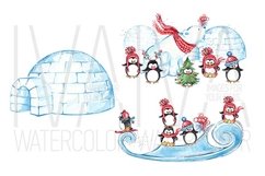 Winter Christmas Clipart, Watercolor Penguins Winter Joy Product Image 3