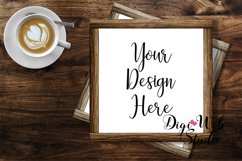 Flat Lay Wood Frames Mockup - Square Wood Signs w/ Coffee Product Image 1