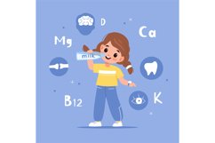 Child drink milk. Happy girl holding bottle healthy beverage Product Image 1