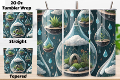 3D floating terrarium, seamless cloud design, biophilic ecosystem wrap, raindrop physics tumbler, 3D refraction effect, atmospheric depth pattern, seamless sky biome, terrarium refraction, 3D fluid dynamics, cloud ecology design