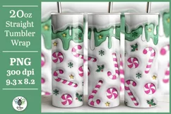Pink and green puff candy cane sublimation PNG being shown on a 20oz tumbler