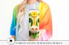 woman holding  a tumbler with 3d cow illustration