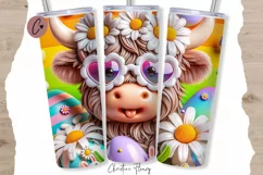 3D Daisy Highland Cow Tumbler Wrap PNG Product Image 1