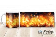 Wrap design with realistic fire flames for sublimation on 11Oz, 12Oz and 15Oz MUGS, Burning flame horizontal pattern on black background for gifts for hot coffee lovers, man, firefighters, for campings.