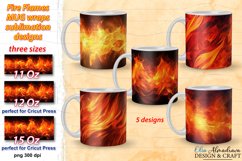 Bundle of 5 wrap designs with realistic hot fire flames for sublimation on 11Oz, 12Oz and 15Oz MUGS, Burning flame horizontal pattern on black background for gifts for hot coffee lovers, man, firefighters, for campings.