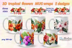5 tropical wrap designs for sublimation on 11Oz, 12Oz and 15Oz MUGS with 3D exotic Flowers and palm leaves for birthday, gift.