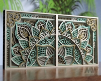 3D floral mandala SVG template with teal, white, and gold layers for laser cutting