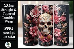 Pink and black floral skull tumbler wrap being shown on a 20oz skinny tumbler