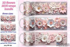 3 beautiful wrap designs for sublimation on 11Oz, 12Oz and 15Oz cricut mug hot press MUGS with 3D pastel pink and white Flowers and pearls for birthday, wedding, gift.