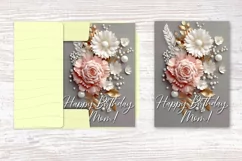 PNG printable card template for Mothers Birthday celebrations with beautiful 3d flowers and quotes Happy Birthday, Mom. BONUS- SVG envelope template for card.