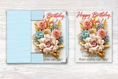 PNG printable card template for Mothers Birthday celebrations with beautiful 3d flowers and quotes Happy Birthday, Mom. BONUS- SVG envelope template for card.