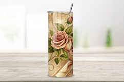 seamless graduation rose tumbler, vintage floral tumbler wrap, antique pink rose design, diploma motif tumbler wrap, 20oz skinny tumbler wrap, tapered seamless tumbler design, straight tumbler wrap png, graduation vintage floral design, seamless antique t