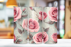seamless herbarium rose tumbler, dried floral tumbler wrap, pink label rose design, botanical specimen tumbler wrap, 20oz skinny tumbler wrap, tapered seamless tumbler design, straight tumbler wrap png, Victorian scientific design, seamless dried tumbler 