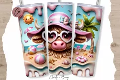 3D Beach Highland Cow Tumbler Wrap PNG Product Image 1
