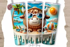 3D Beach Highland Cow Tumbler Wrap PNG Product Image 1