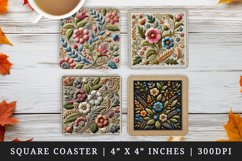 3D illusion fabric embroidery effect floral patterns vibrant flowers leaves vines made of colored print square coaster mug coasters sublimation design