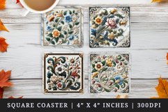 3D illusion marble inlay effect floral patterns vibrant flowers leaves vines made of colored print square coaster mug coasters sublimation design