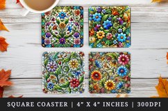 3D illusion stained glass effect floral patterns vibrant flowers leaves made of colored pieces print square coaster mug coasters sublimation design