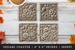 3D illusion stone carving effect floral patterns vibrant flowers leaves vines made of colored print square coaster mug coasters sublimation design