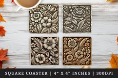 3D illusion woodcut print effect floral patterns vibrant flowers leaves vines made of colored print square coaster mug coasters sublimation design