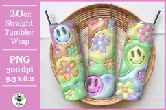 Pastel colored retro floral smile sublimation PNG being shown on a 20oz tumbler