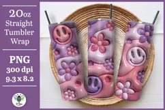 Pink and purple puff floral smiley sublimation design being shown on a 20oz tumbler