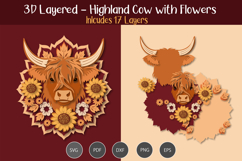3D Layered Highland cow with flowers Product Image 1