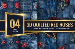3D Quilted Red Roses on Denim Patchwork Digital Paper Product Image 1