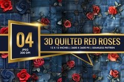 3D Quilted Red Roses on Denim Patchwork Digital Paper Product Image 1