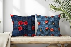 3D Quilted Red Roses on Denim Patchwork Digital Paper Product Image 2