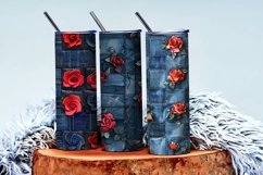 3D Quilted Red Roses on Denim Patchwork Digital Paper Product Image 3